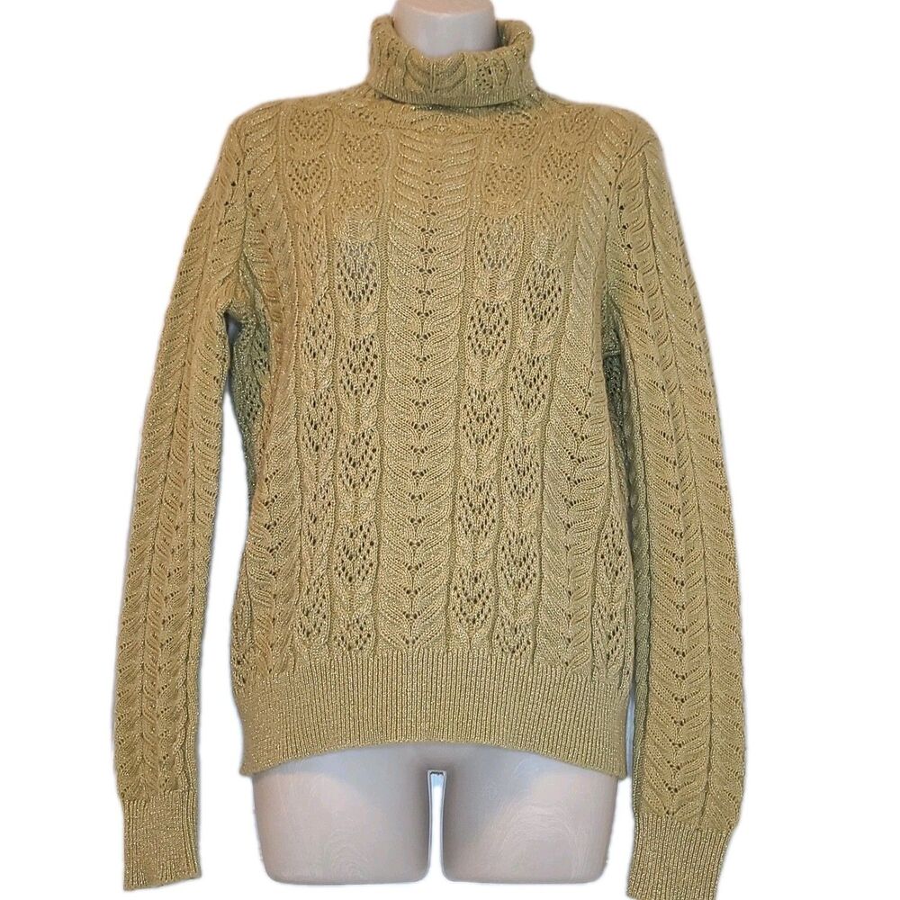 LRL Ralph Lauren Women Sweater Gold Cashmere Cable Knit Glitter Holiday sz M
